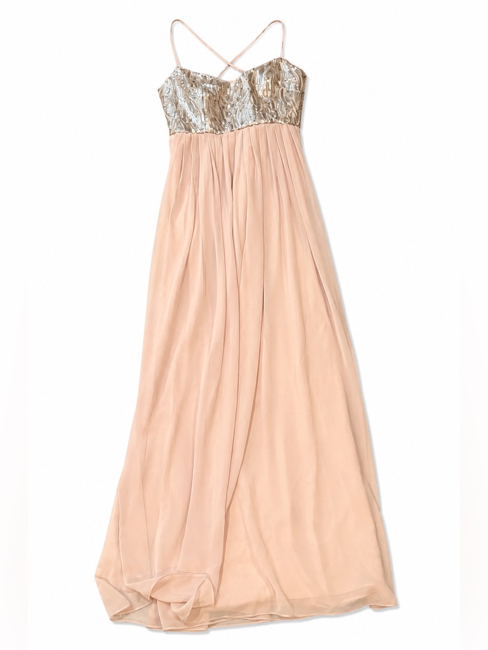 Donna Morgan Blush Chiffon Gown with Metallic Sequin Bodice